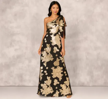 Adrianna Papell Wedding Guest Dresses|Formal Dresses*One Shoulder Jacquard Gown In Black Gold