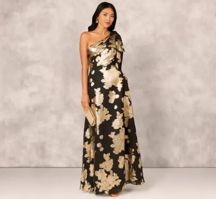 Adrianna Papell Wedding Guest Dresses|Formal Dresses*One Shoulder Jacquard Gown In Black Gold