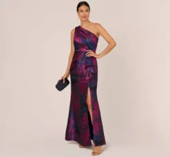Adrianna Papell Wedding Guest Dresses|Formal Dresses*One Shoulder Jacquard Mermaid Gown With Drape Detail In Navy Orchid