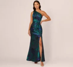 Adrianna Papell Wedding Guest Dresses|Formal Dresses*One Shoulder Jacquard Mermaid Gown With Drape Detail In Cobalt Teal