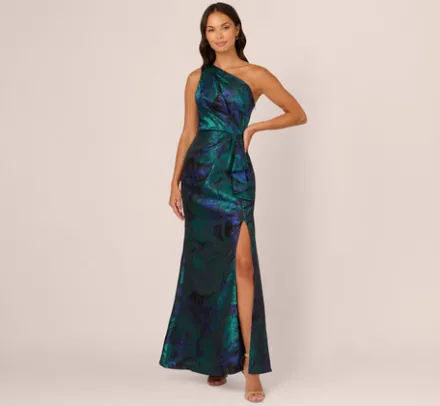 Adrianna Papell Wedding Guest Dresses|Formal Dresses*One Shoulder Jacquard Mermaid Gown With Drape Detail In Cobalt Teal