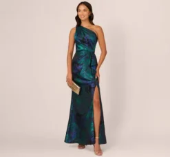 Adrianna Papell Wedding Guest Dresses|Formal Dresses*One Shoulder Jacquard Mermaid Gown With Drape Detail In Cobalt Teal