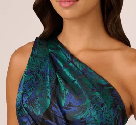 Adrianna Papell Wedding Guest Dresses|Formal Dresses*One Shoulder Jacquard Mermaid Gown With Drape Detail In Cobalt Teal