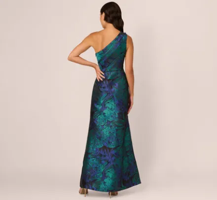 Adrianna Papell Wedding Guest Dresses|Formal Dresses*One Shoulder Jacquard Mermaid Gown With Drape Detail In Cobalt Teal