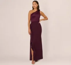 Adrianna Papell Wedding Guest Dresses|Formal Dresses*One-Shoulder Long Satin Crepe Mermaid Gown In Bordeaux Glow