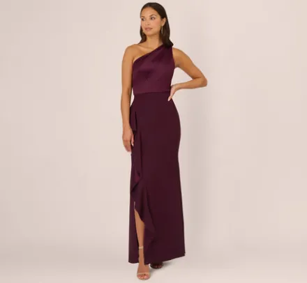 Adrianna Papell Wedding Guest Dresses|Formal Dresses*One-Shoulder Long Satin Crepe Mermaid Gown In Bordeaux Glow