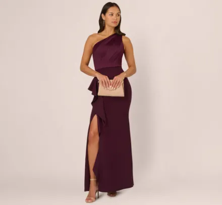 Adrianna Papell Wedding Guest Dresses|Formal Dresses*One-Shoulder Long Satin Crepe Mermaid Gown In Bordeaux Glow