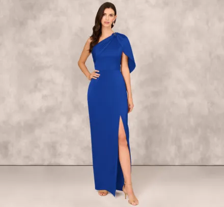 Adrianna Papell Wedding Guest Dresses|Formal Dresses*One Shoulder Satin Crepe Gown With Bead Trim Cape Sleeve In Royal Sapphire