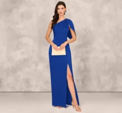 Adrianna Papell Wedding Guest Dresses|Formal Dresses*One Shoulder Satin Crepe Gown With Bead Trim Cape Sleeve In Royal Sapphire