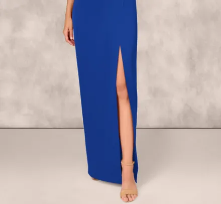 Adrianna Papell Wedding Guest Dresses|Formal Dresses*One Shoulder Satin Crepe Gown With Bead Trim Cape Sleeve In Royal Sapphire