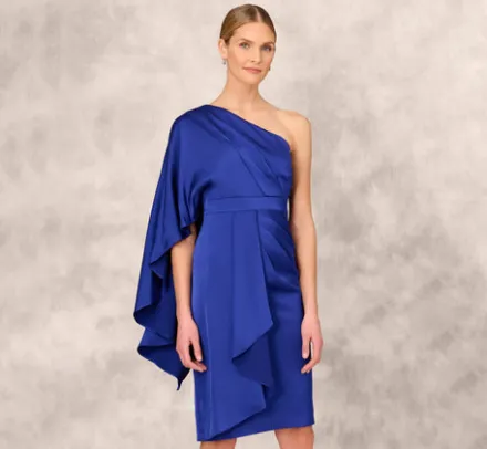 Adrianna Papell Wedding Guest Dresses|Grandmother Of The Bride & Groom*One-Shoulder Satin Draped Sheath Dress With Crepe Back And Cape In Royal Sapphire