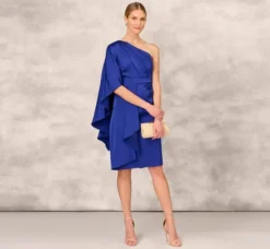 Adrianna Papell Wedding Guest Dresses|Grandmother Of The Bride & Groom*One-Shoulder Satin Draped Sheath Dress With Crepe Back And Cape In Royal Sapphire
