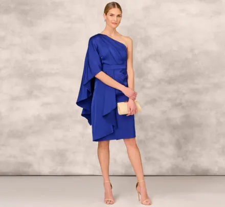 Adrianna Papell Wedding Guest Dresses|Grandmother Of The Bride & Groom*One-Shoulder Satin Draped Sheath Dress With Crepe Back And Cape In Royal Sapphire