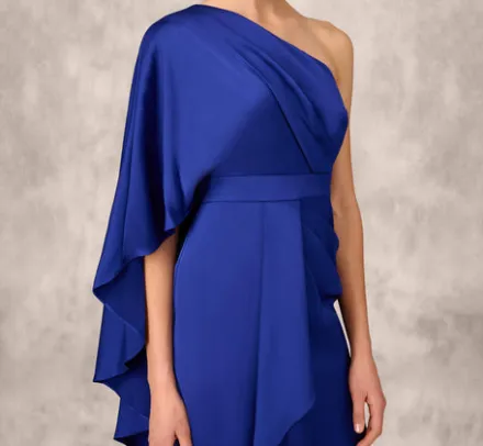 Adrianna Papell Wedding Guest Dresses|Grandmother Of The Bride & Groom*One-Shoulder Satin Draped Sheath Dress With Crepe Back And Cape In Royal Sapphire