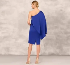 Adrianna Papell Wedding Guest Dresses|Grandmother Of The Bride & Groom*One-Shoulder Satin Draped Sheath Dress With Crepe Back And Cape In Royal Sapphire