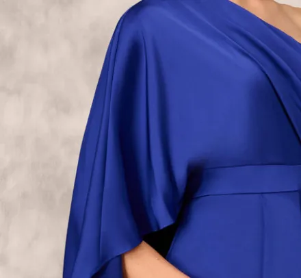 Adrianna Papell Wedding Guest Dresses|Grandmother Of The Bride & Groom*One-Shoulder Satin Draped Sheath Dress With Crepe Back And Cape In Royal Sapphire
