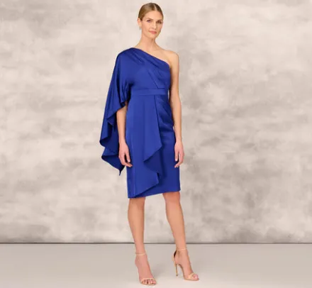 Adrianna Papell Wedding Guest Dresses|Grandmother Of The Bride & Groom*One-Shoulder Satin Draped Sheath Dress With Crepe Back And Cape In Royal Sapphire