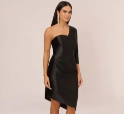 Adrianna Papell Wedding Guest Dresses|Petite-Friendly*One Shoulder Satin Midi Dress With Three-Quarter Sleeve In