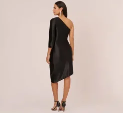 Adrianna Papell Wedding Guest Dresses|Petite-Friendly*One Shoulder Satin Midi Dress With Three-Quarter Sleeve In