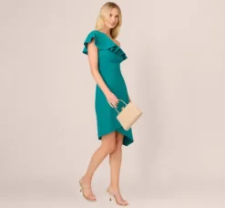 Adrianna Papell Wedding Guest Dresses*One Shoulder Stretch Crepe Short Dress In Deep Emerald