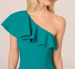 Adrianna Papell Wedding Guest Dresses*One Shoulder Stretch Crepe Short Dress In Deep Emerald