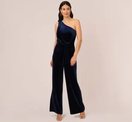 Adrianna Papell Jumpsuits*One Shoulder Velvet Jumpsuit With Draped Accent In