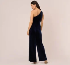 Adrianna Papell Jumpsuits*One Shoulder Velvet Jumpsuit With Draped Accent In