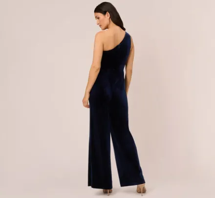 Adrianna Papell Jumpsuits*One Shoulder Velvet Jumpsuit With Draped Accent In