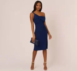 Adrianna Papell Wedding Guest Dresses|Day Dresses*One Sleeve Sheath Dress With Bow Neckline In Navy Sateen