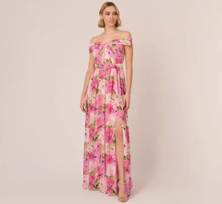 Adrianna Papell Wedding Guest Dresses|Formal Dresses*Painterly Floral Print Off The Shoulder Gown With Twisted Bust In Pink Multi