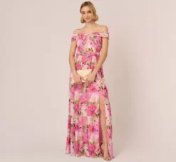 Adrianna Papell Wedding Guest Dresses|Formal Dresses*Painterly Floral Print Off The Shoulder Gown With Twisted Bust In Pink Multi