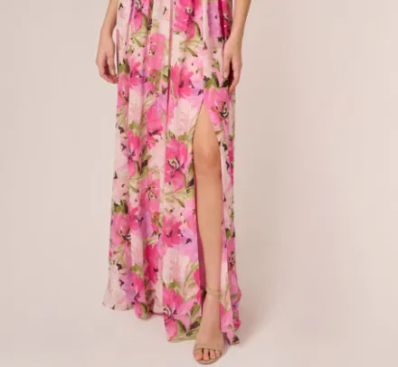 Adrianna Papell Wedding Guest Dresses|Formal Dresses*Painterly Floral Print Off The Shoulder Gown With Twisted Bust In Pink Multi