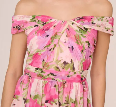Adrianna Papell Wedding Guest Dresses|Formal Dresses*Painterly Floral Print Off The Shoulder Gown With Twisted Bust In Pink Multi