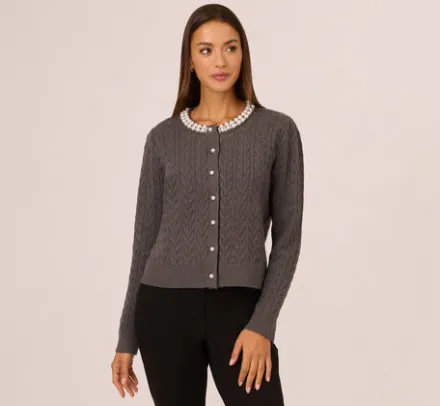 Adrianna Papell Tops & Blouses|Sweaters*Pearl Button Detail Cable Cardigan Sweater In Heather Graphite