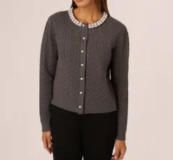 Adrianna Papell Tops & Blouses|Sweaters*Pearl Button Detail Cable Cardigan Sweater In Heather Graphite