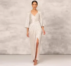 Adrianna Papell Wedding Guest Dresses|Formal Dresses*Pleated Foiled Long Column Dress With Slit And Flutter Sleeves In Silver Gold