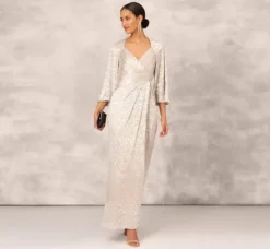 Adrianna Papell Wedding Guest Dresses|Formal Dresses*Pleated Foiled Long Column Dress With Slit And Flutter Sleeves In Silver Gold