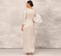 Adrianna Papell Wedding Guest Dresses|Formal Dresses*Pleated Foiled Long Column Dress With Slit And Flutter Sleeves In Silver Gold