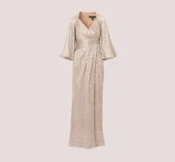 Adrianna Papell Wedding Guest Dresses|Formal Dresses*Pleated Foiled Long Column Dress With Slit And Flutter Sleeves In Silver Gold