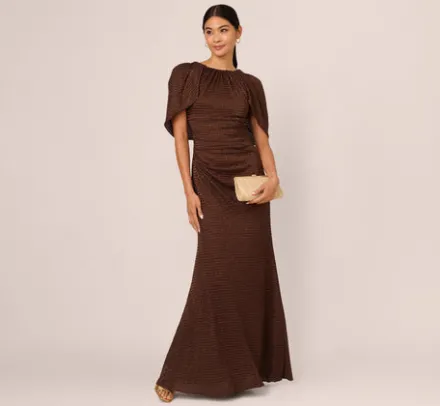 Adrianna Papell Wedding Guest Dresses|Formal Dresses*Pleated Metallic Cape Gown In