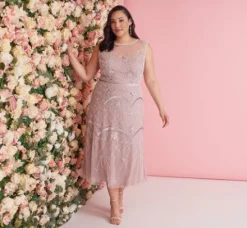 Adrianna Papell Wedding Guest Dresses|Formal Dresses*Plus Size Beaded Ankle-Length Dress With Sheer Neckline In Dusted Petal Ivory
