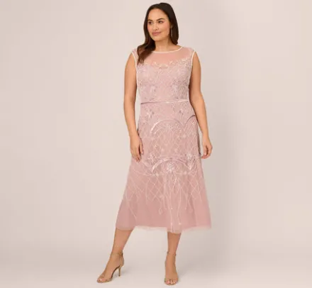 Adrianna Papell Wedding Guest Dresses|Formal Dresses*Plus Size Beaded Ankle-Length Dress With Sheer Neckline In Dusted Petal Ivory
