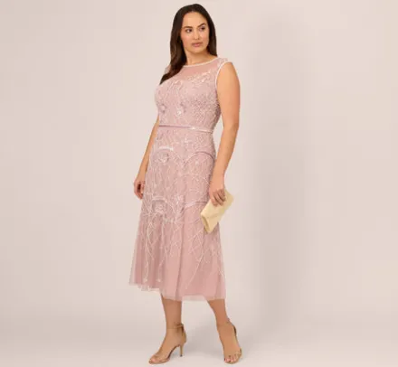 Adrianna Papell Wedding Guest Dresses|Formal Dresses*Plus Size Beaded Ankle-Length Dress With Sheer Neckline In Dusted Petal Ivory