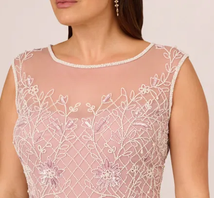 Adrianna Papell Wedding Guest Dresses|Formal Dresses*Plus Size Beaded Ankle-Length Dress With Sheer Neckline In Dusted Petal Ivory
