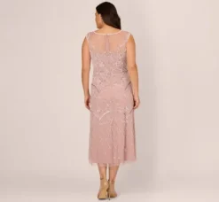 Adrianna Papell Wedding Guest Dresses|Formal Dresses*Plus Size Beaded Ankle-Length Dress With Sheer Neckline In Dusted Petal Ivory