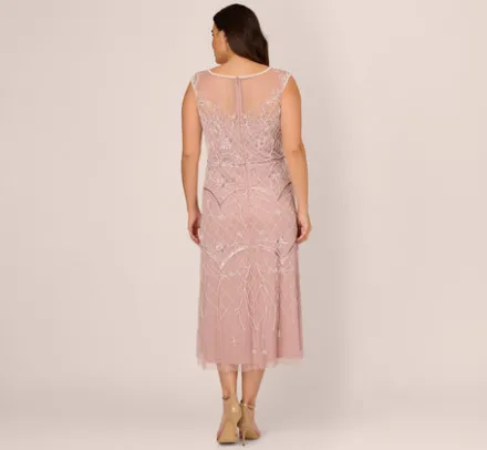Adrianna Papell Wedding Guest Dresses|Formal Dresses*Plus Size Beaded Ankle-Length Dress With Sheer Neckline In Dusted Petal Ivory