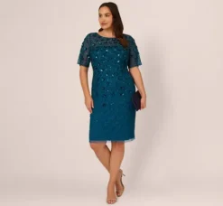 Adrianna Papell Wedding Guest Dresses|Petite-Friendly*Plus Size Beaded Cocktail Dress In Teal Sapphire