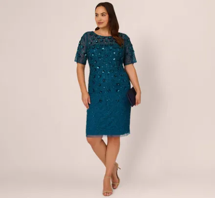 Adrianna Papell Wedding Guest Dresses|Petite-Friendly*Plus Size Beaded Cocktail Dress In Teal Sapphire