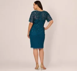 Adrianna Papell Wedding Guest Dresses|Petite-Friendly*Plus Size Beaded Cocktail Dress In Teal Sapphire