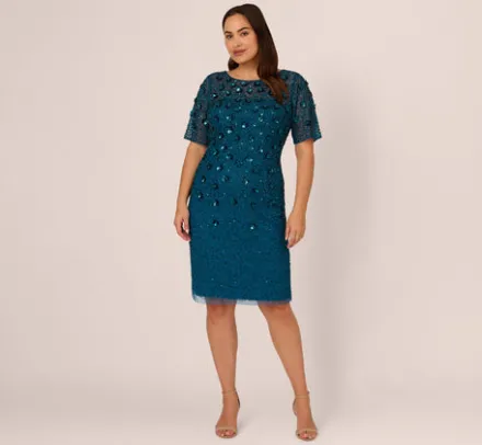 Adrianna Papell Wedding Guest Dresses|Petite-Friendly*Plus Size Beaded Cocktail Dress In Teal Sapphire